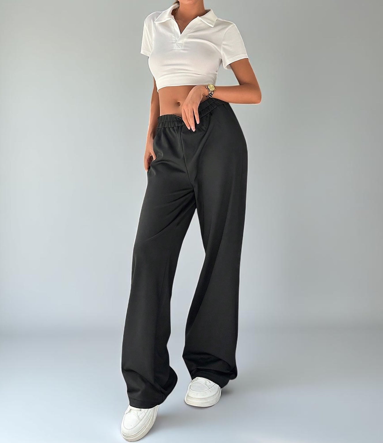 Tremix High-Waist Wide Leg Black Pants | Elastic Waist Trousers